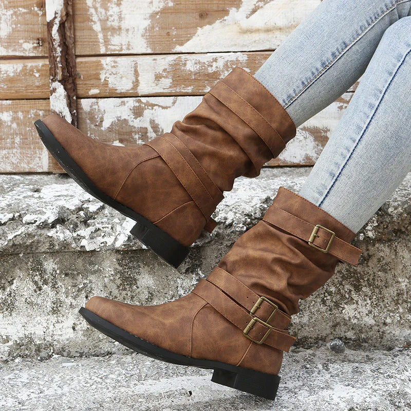 Buckle-Accented Mid-Calf Flat Boots I1729