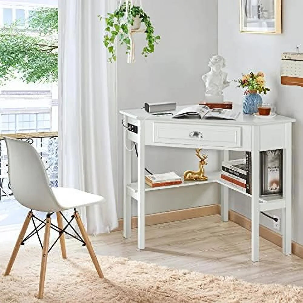 L Shaped Corner Computer Desk with Power Outlets White F356254