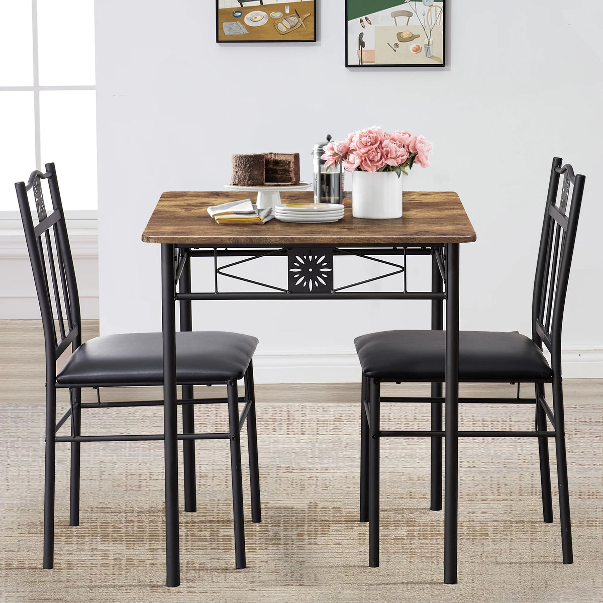 3-Piece Wooden Dining Table Set with 2 Pu Cushion Chairs O272462