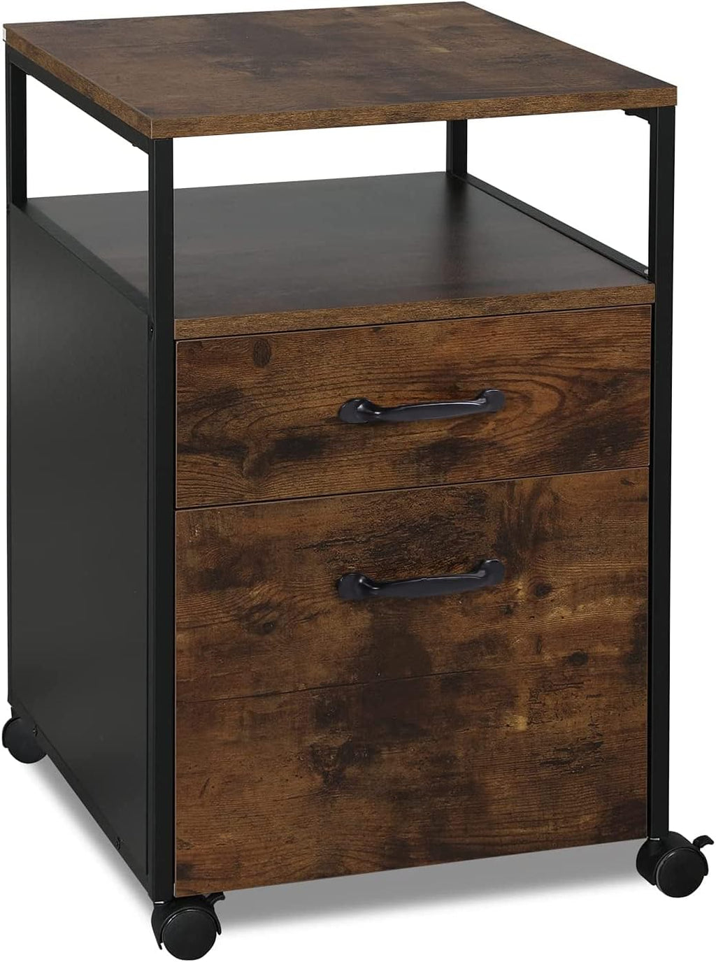 Rolling File Cabinet with 2 Drawers and Open Shelf, Brown and Black O485707