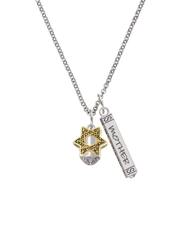 Goldtone Silvertone Star of David Spinner Mother Daughter Bar Charm Necklace, 23" N639