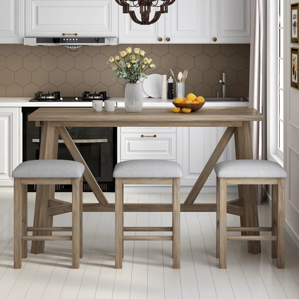 Natural Wood Wash Dining Bar Table Set with 3 Upholstered Stools P517029
