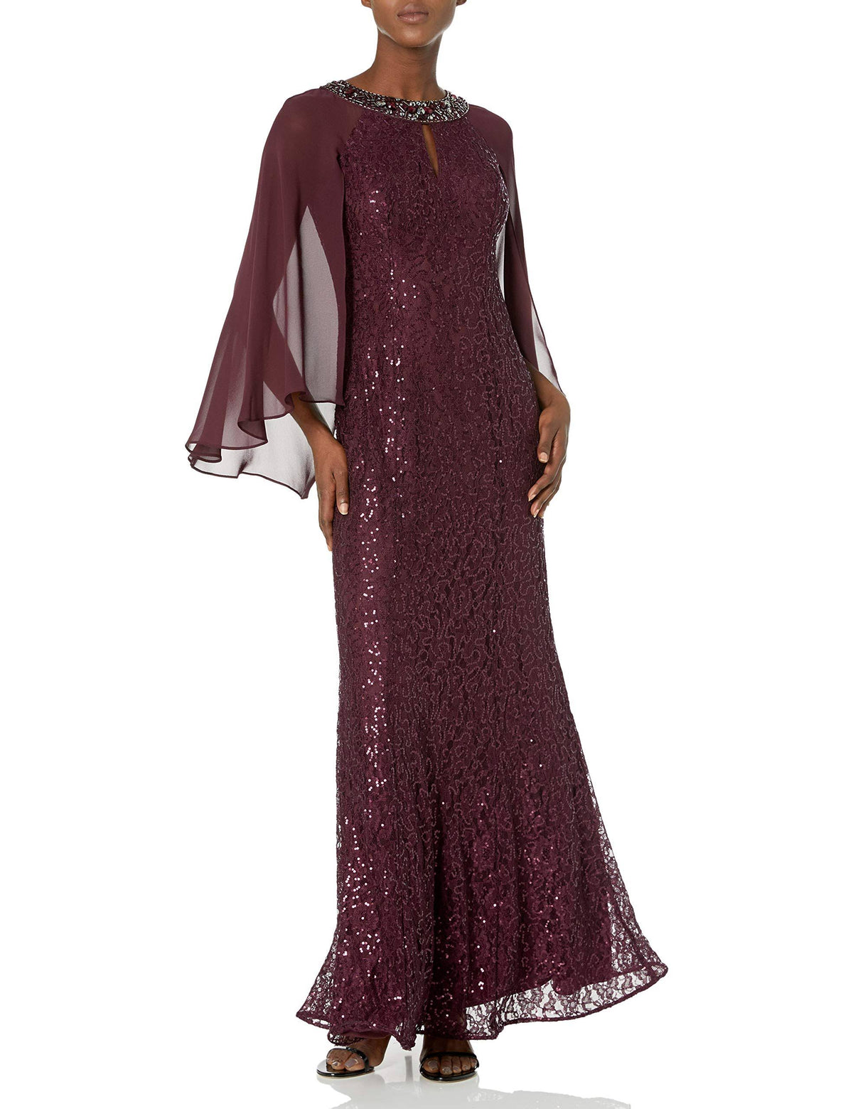 Sequin Lace Chiffon Capelet Gown A729769