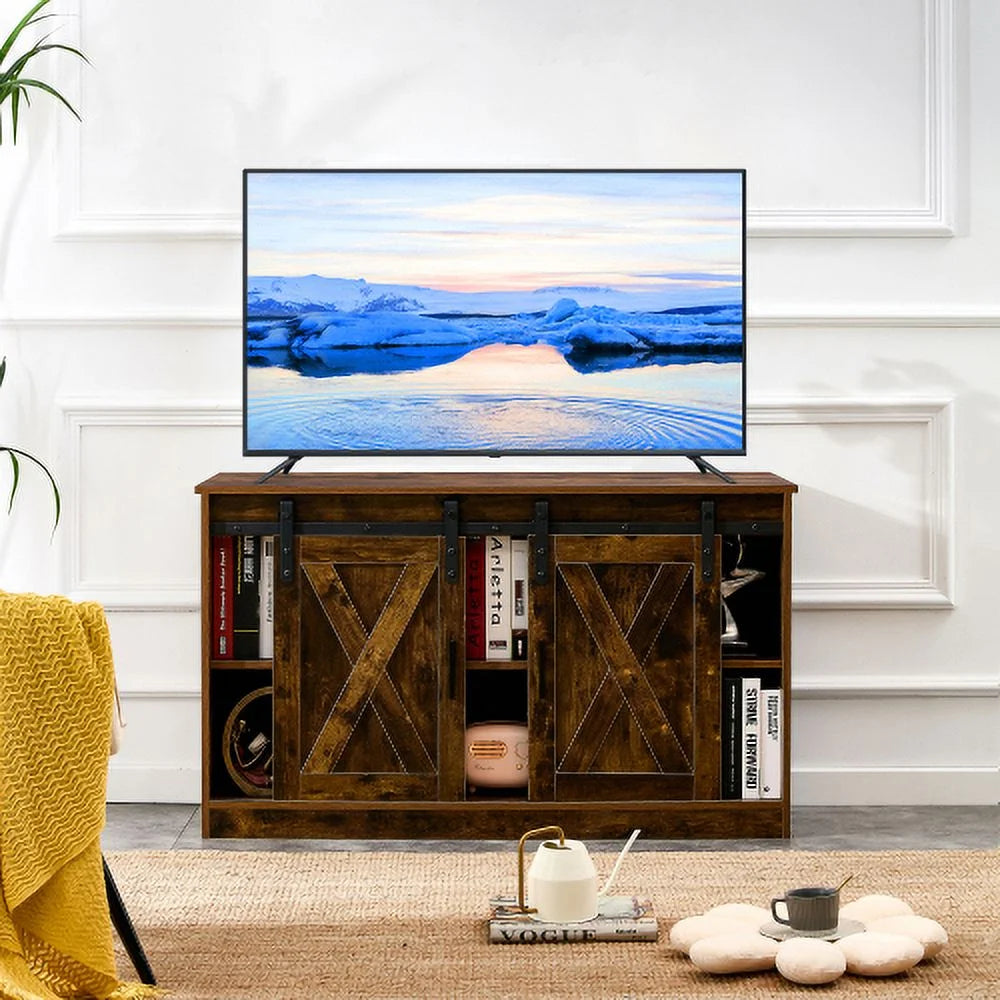Wooden TV Stand with Storage Cabinet & 2 Sliding Barn Doors N51813