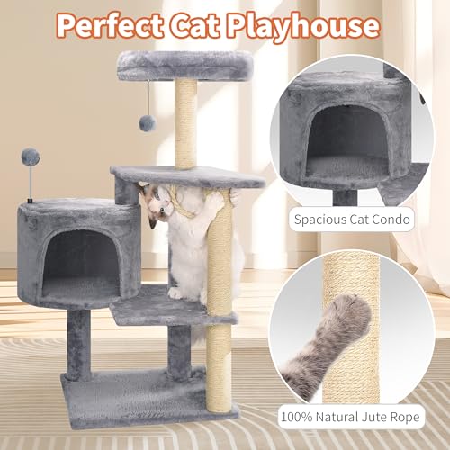 Multifunctional Grey Cat Tree with Condo, Perches, Scratching Posts and Hanging Rope R12822