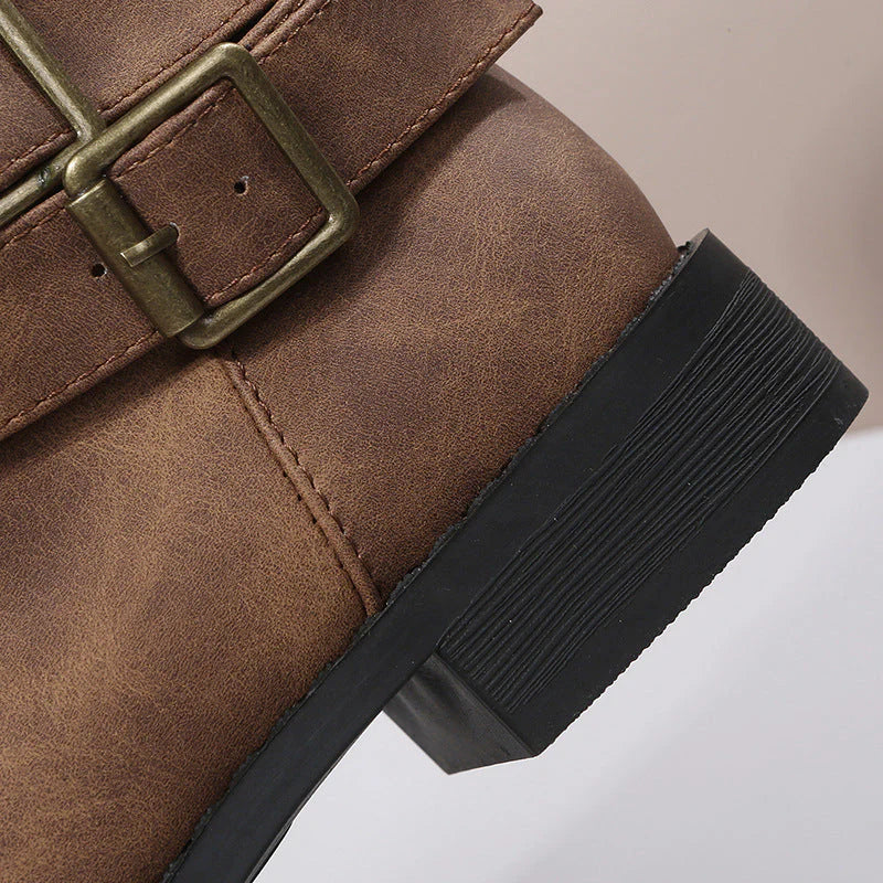 Buckle-Accented Mid-Calf Flat Boots I1729