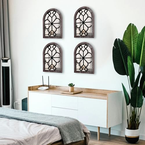 4 Set Arched Window Mirror Wall Decor, Wood Framed Distressed White E428