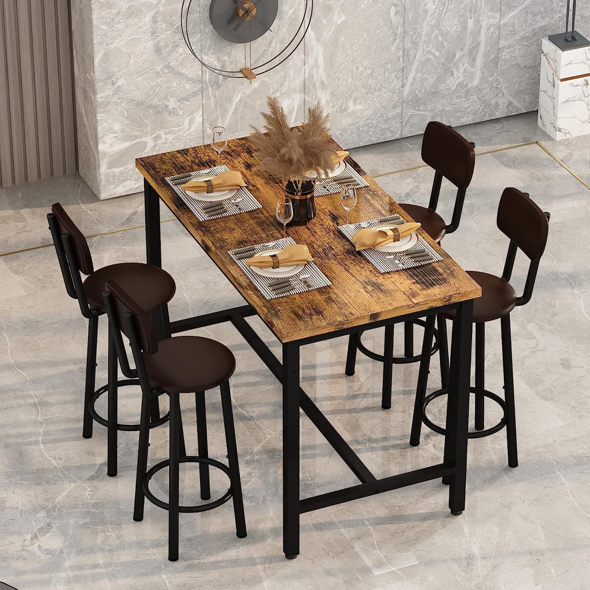 Faux Wooden 5-Piece Table Set with 4 Upholstered Chairs W70869