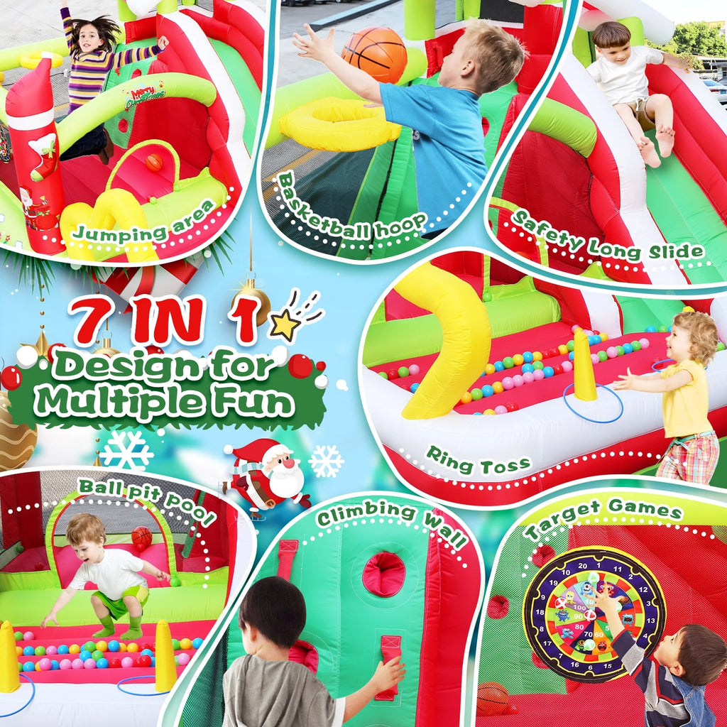 Christmas Jump 'n Slide Inflatable Bouncer with Blower, 130x108x92 inch R541