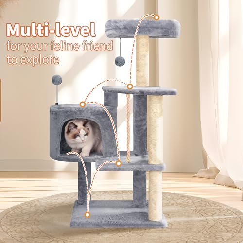Multifunctional Grey Cat Tree with Condo, Perches, Scratching Posts and Hanging Rope R12822
