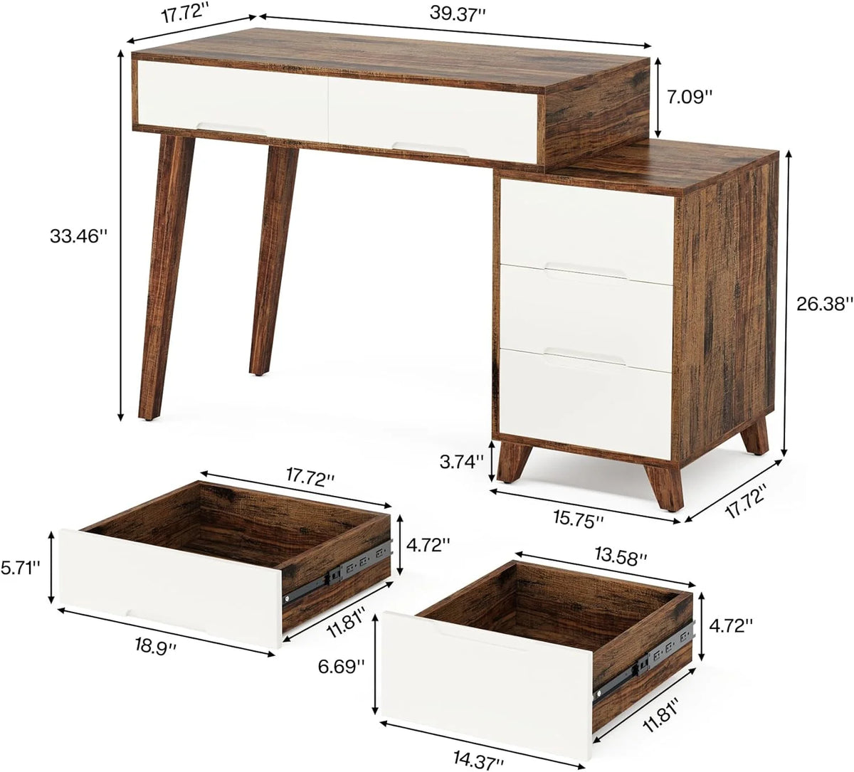 Modern Computer Desk with 5 Drawers, Reversible Study Writing Table, Brown & White M2439