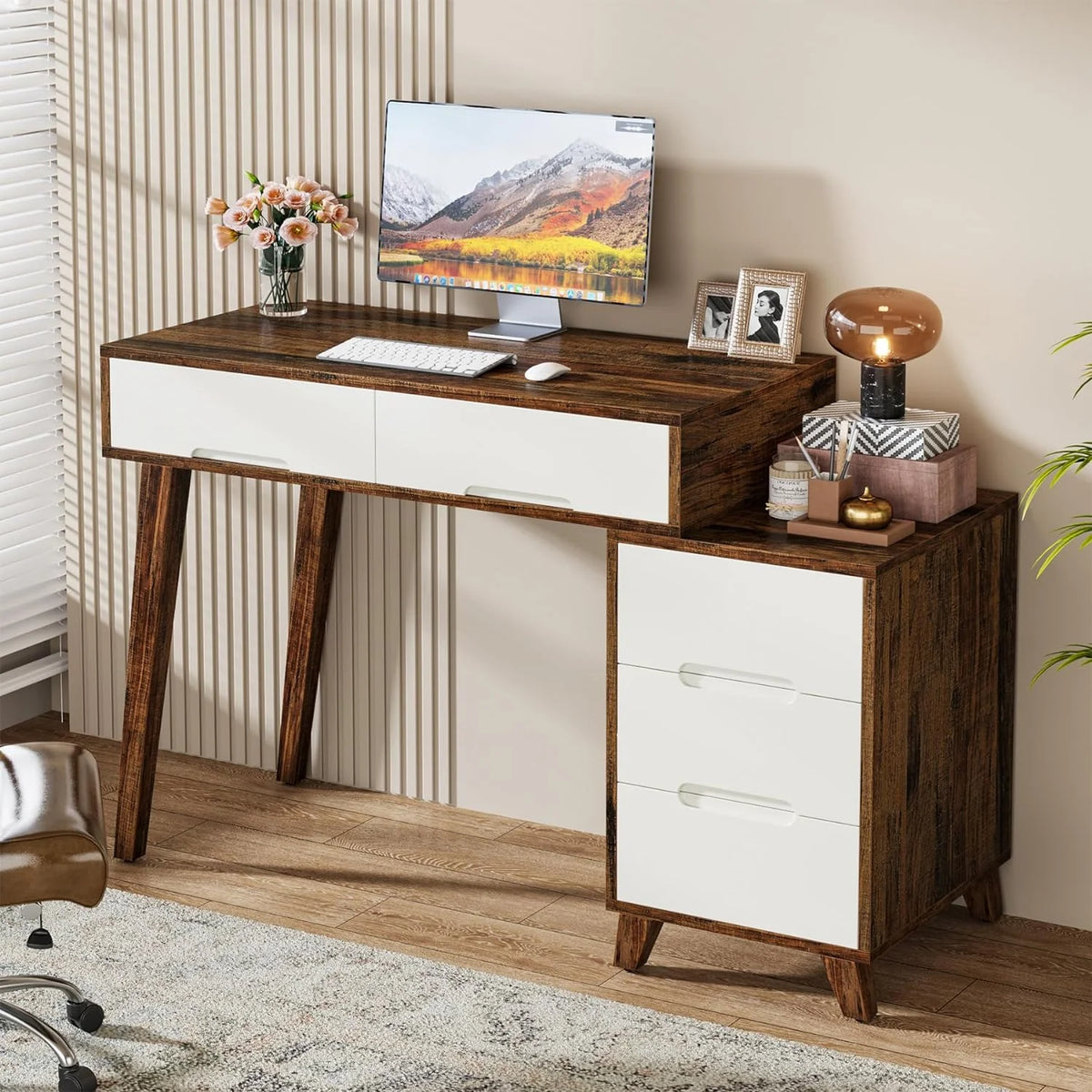 Modern Computer Desk with 5 Drawers, Reversible Study Writing Table, Brown & White M2439