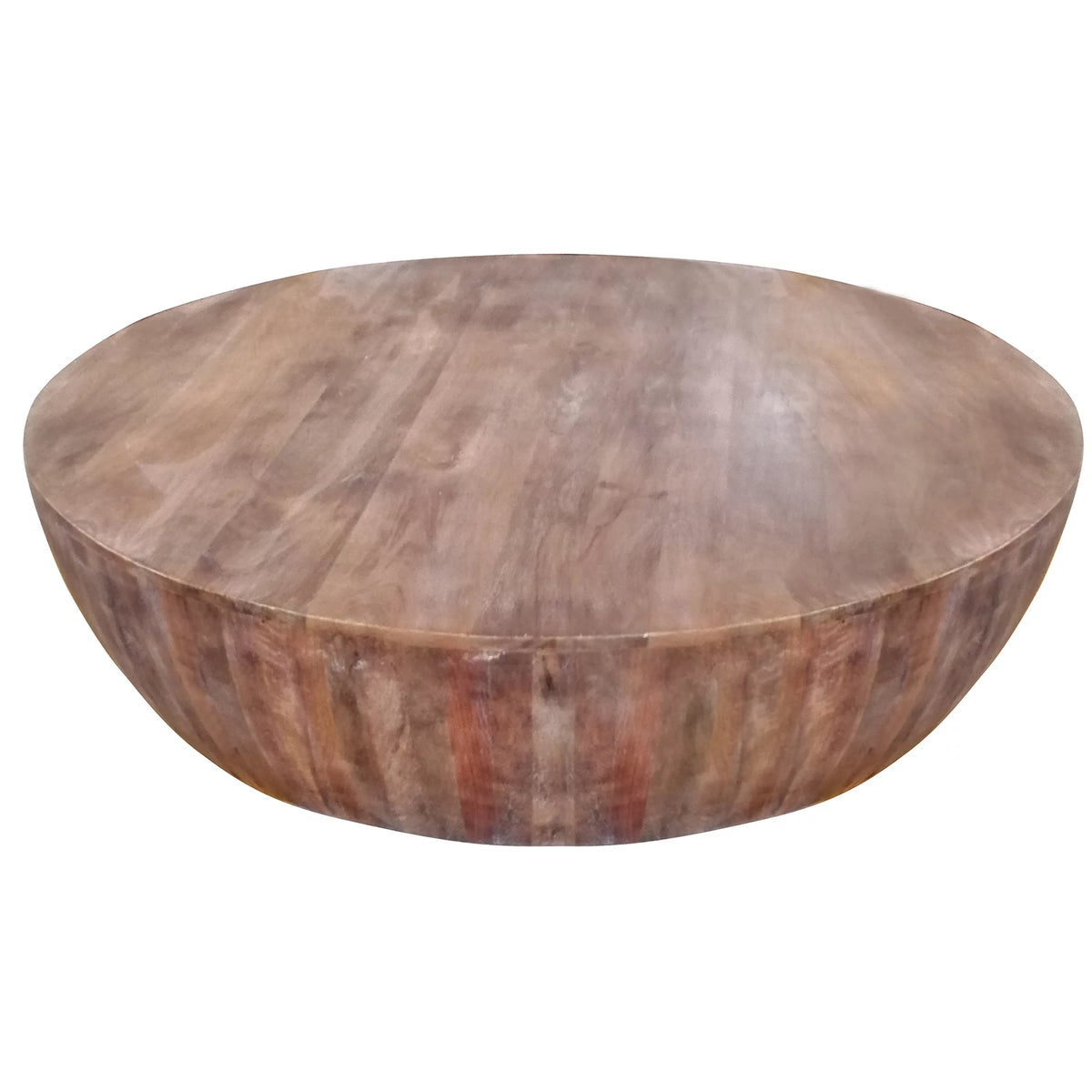 Handcarved Drum Shape Round Top Mango Wood Distressed Wooden Coffee Table T797