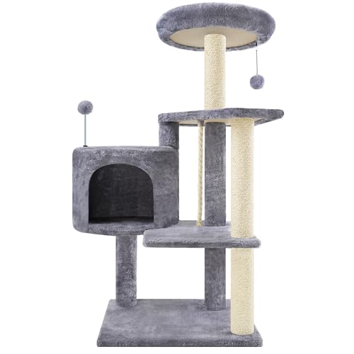 Multifunctional Grey Cat Tree with Condo, Perches, Scratching Posts and Hanging Rope R12822