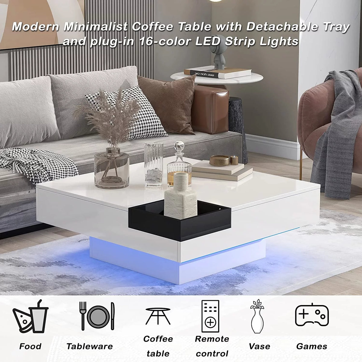 Square LED Coffee Table with 16 Colors and Detachable Tray W54456