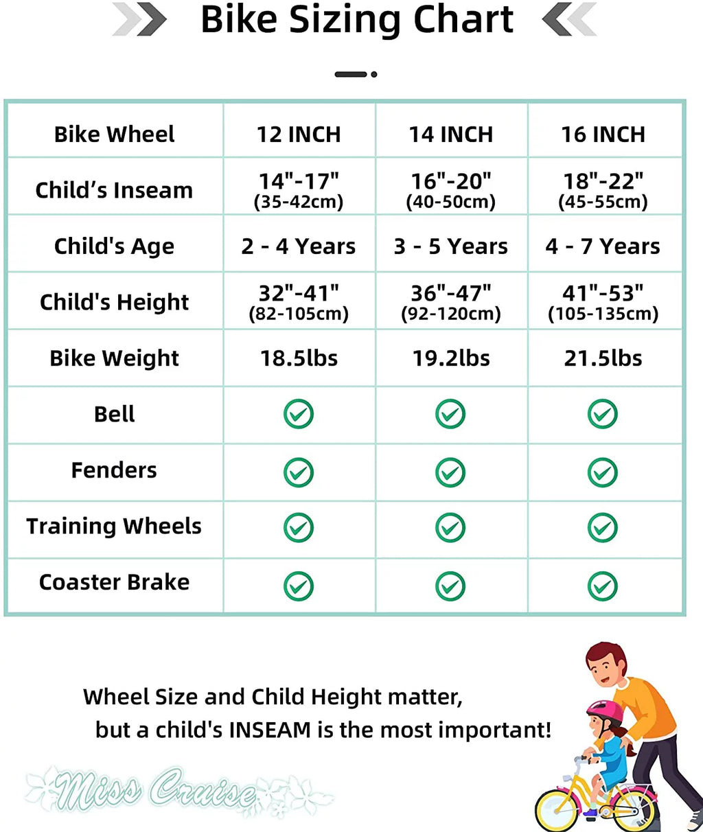 12 14 16 Kids Cruiser Bike with Training Wheels, Green Z461