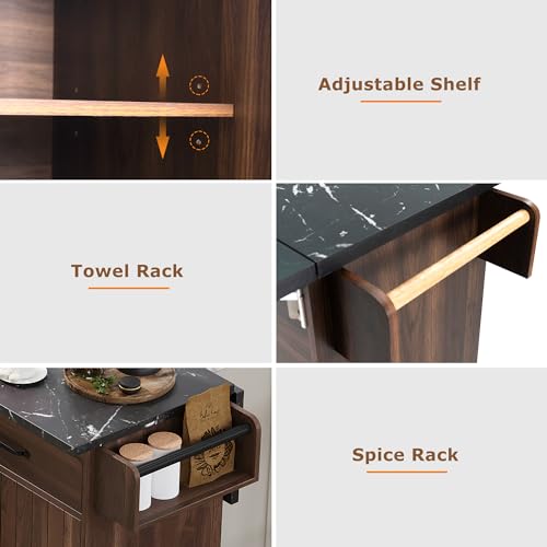 Kitchen Island Cart with Trash Can Storage, Drop Leaf, Drawers, Adjustable Shelves, Lockable Wheels M305280