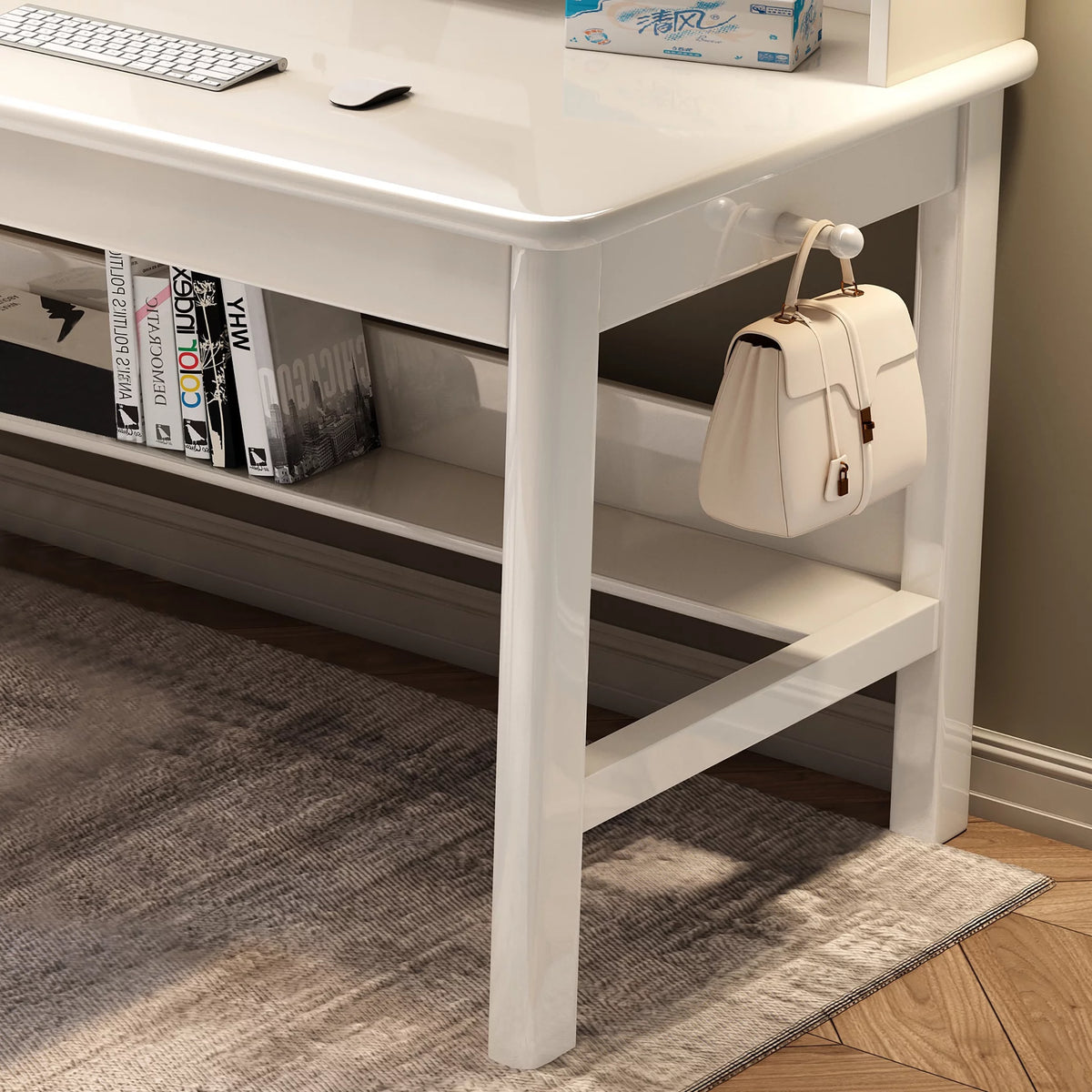 White Wooden Kids Desk and Chair Set with Hutch U480507