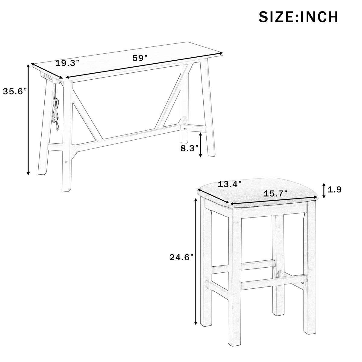 Natural Wood Wash Dining Bar Table Set with 3 Upholstered Stools P517029