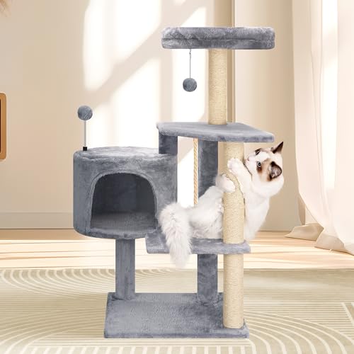 Multifunctional Grey Cat Tree with Condo, Perches, Scratching Posts and Hanging Rope R12822
