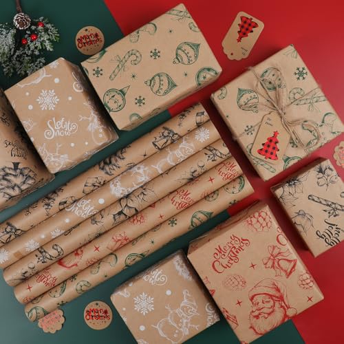 5 Rolls 17" x 120" Vintage Kraft Christmas Wrapping Paper Set H102947