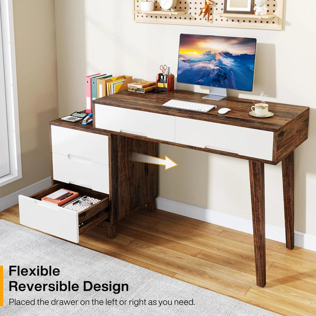 Modern Computer Desk with 5 Drawers, Reversible Study Writing Table, Brown & White M2439