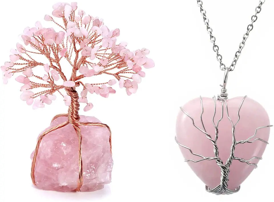 Rose Quartz Copper Money Tree Figurine & Rose Quartz Crystal Necklace Q728356