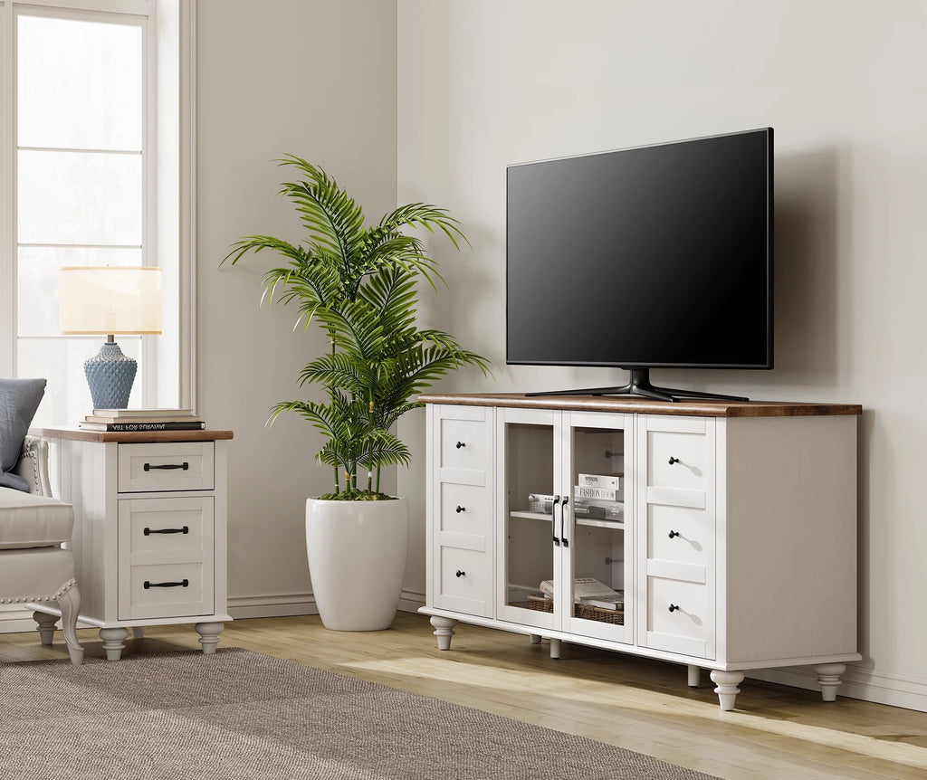 4-Door Glass and Wood TV Stand with 4 Storage Cabinets R768