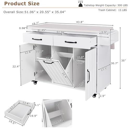 Kitchen Island Cart with Trash Can Storage, Drop Leaf, Drawers, Adjustable Shelves, Lockable Wheels M305280