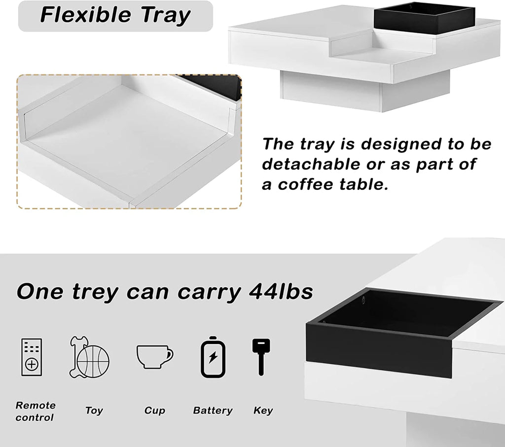 Square LED Coffee Table with 16 Colors and Detachable Tray W54456