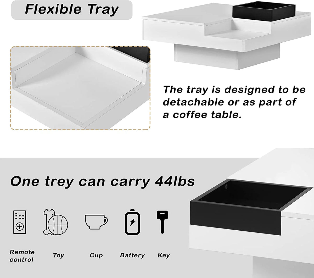 Square LED Coffee Table with 16 Colors and Detachable Tray W54456