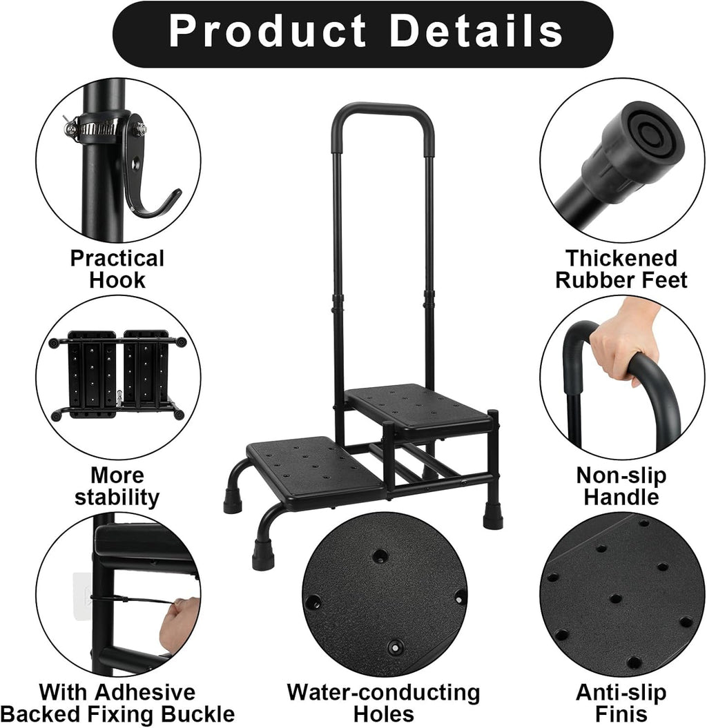 2 Step Stool with Handle, Heavy Duty Step Stool with 4 Fixing Buckle and Adjustable Handrail U1434