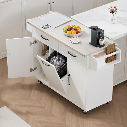 Kitchen Island Cart with Trash Can Storage, Drop Leaf, Drawers, Adjustable Shelves, Lockable Wheels M305280