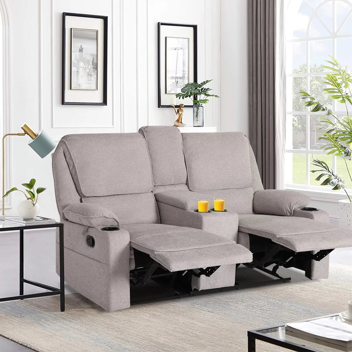 Light Gray 2 Seater Manual Reclining Sofa with Cup Holders Y67177