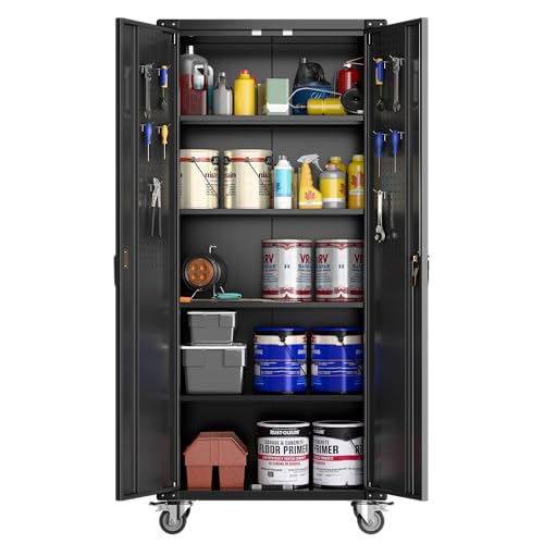 72" H Black Locking Metal Storage Cabinet with Wheels F584584