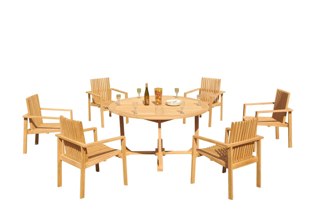 Grade-A Teak 7 Pc Dining Set 60" Round Table 6 Stacking Arm Chairs D5657