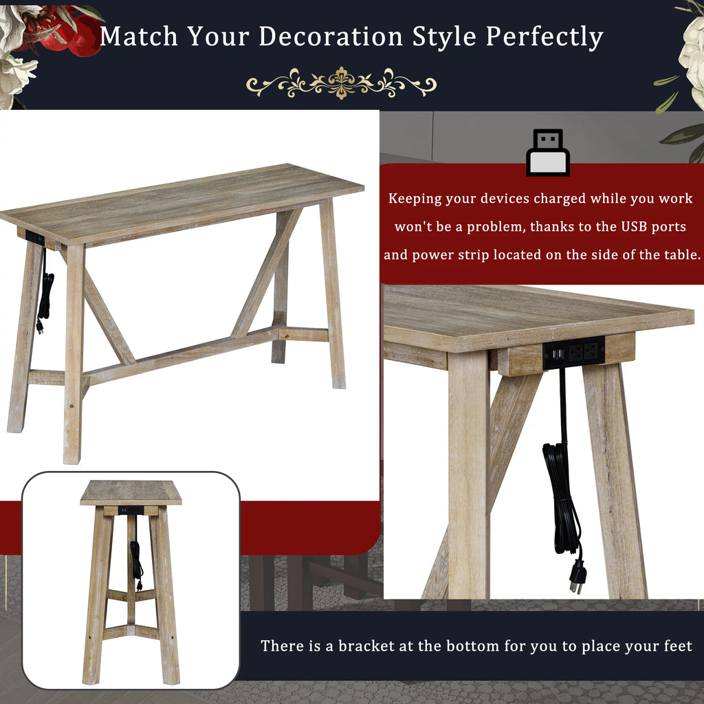 Natural Wood Wash Dining Bar Table Set with 3 Upholstered Stools P517029