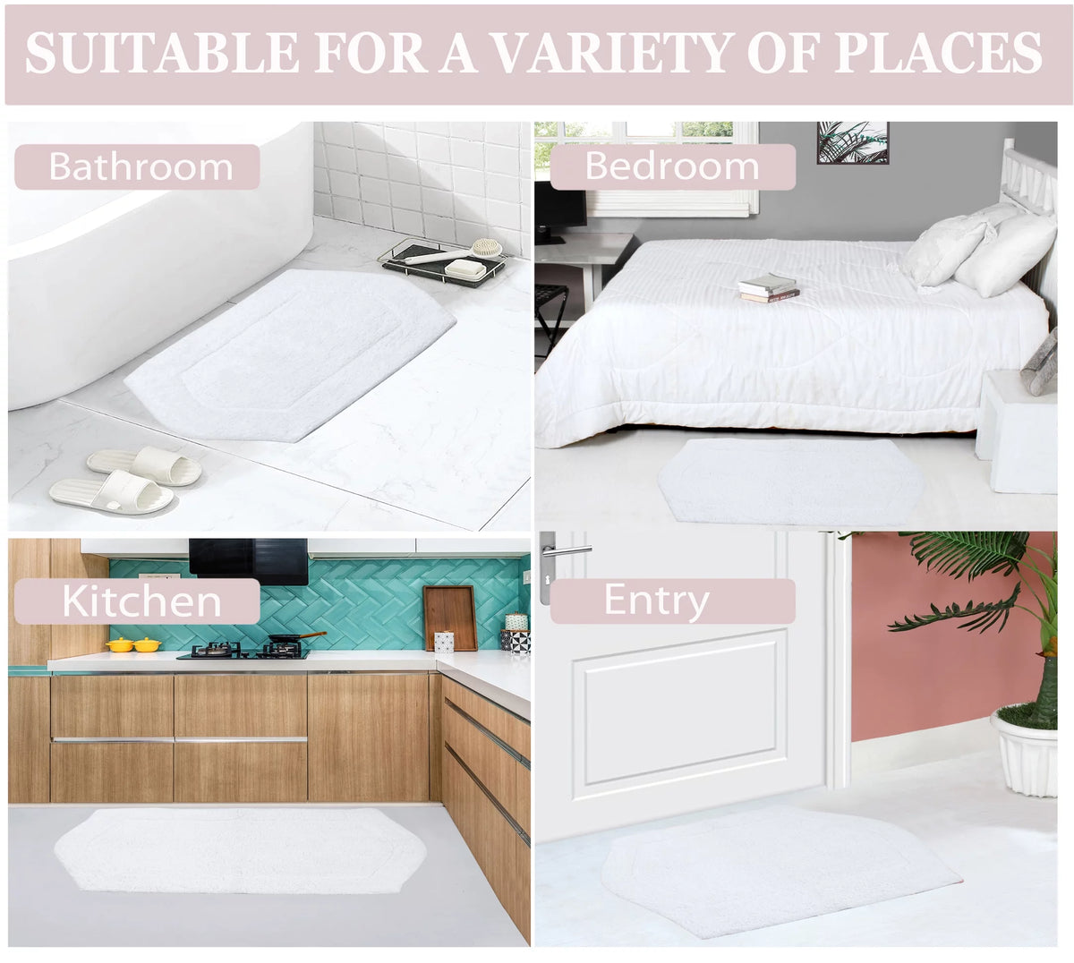 White Cotton Non-Slip 3 Piece Bath Rug Set R589