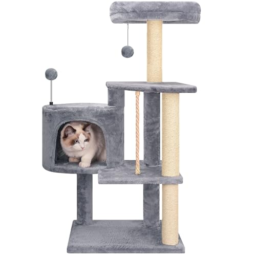 Multifunctional Grey Cat Tree with Condo, Perches, Scratching Posts and Hanging Rope R12822