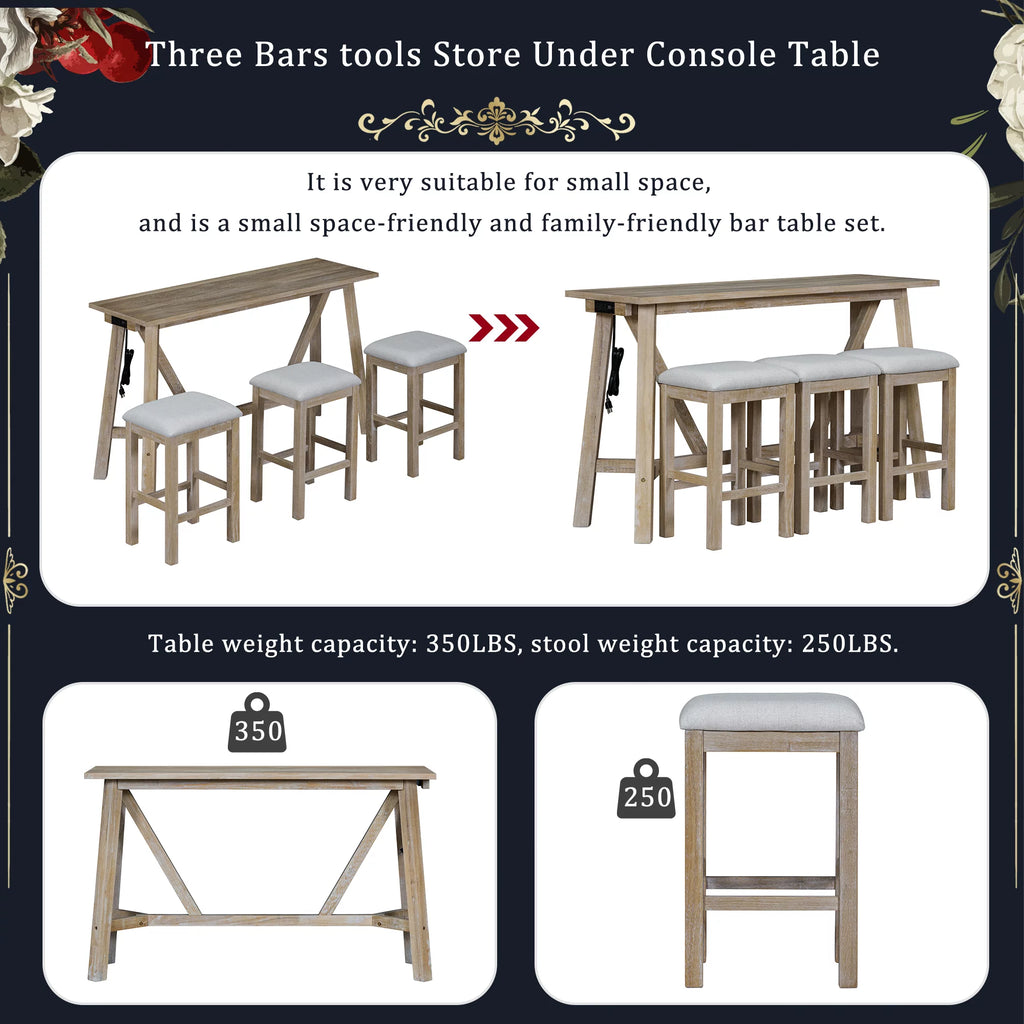 Natural Wood Wash Dining Bar Table Set with 3 Upholstered Stools P517029