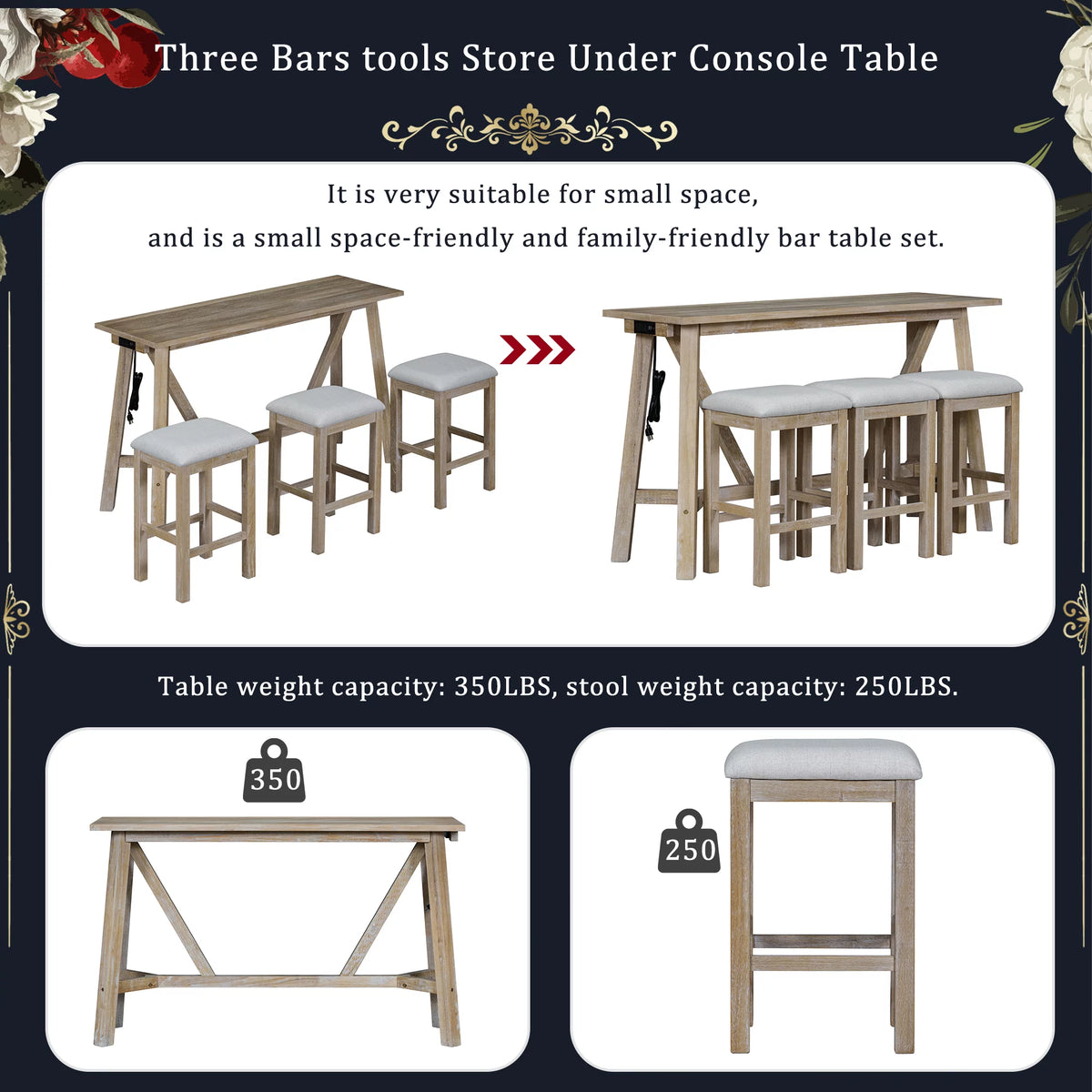 Natural Wood Wash Dining Bar Table Set with 3 Upholstered Stools P517029
