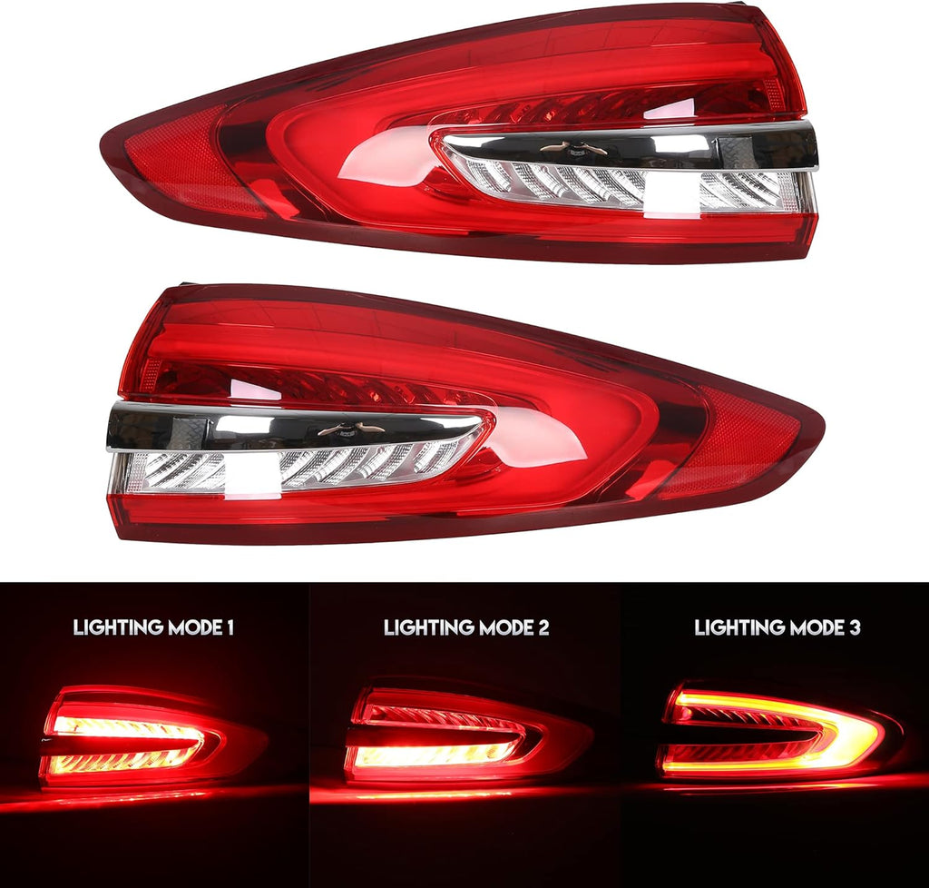 Outer Tail Light Compatible with 2017-2019 Ford Fusion Rear Brake Lamp Pair Red Lens Chrome housing B196