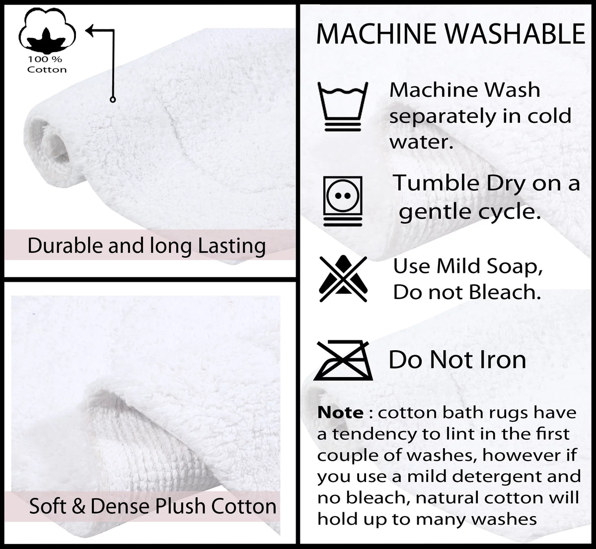 White Cotton Non-Slip 3 Piece Bath Rug Set R589