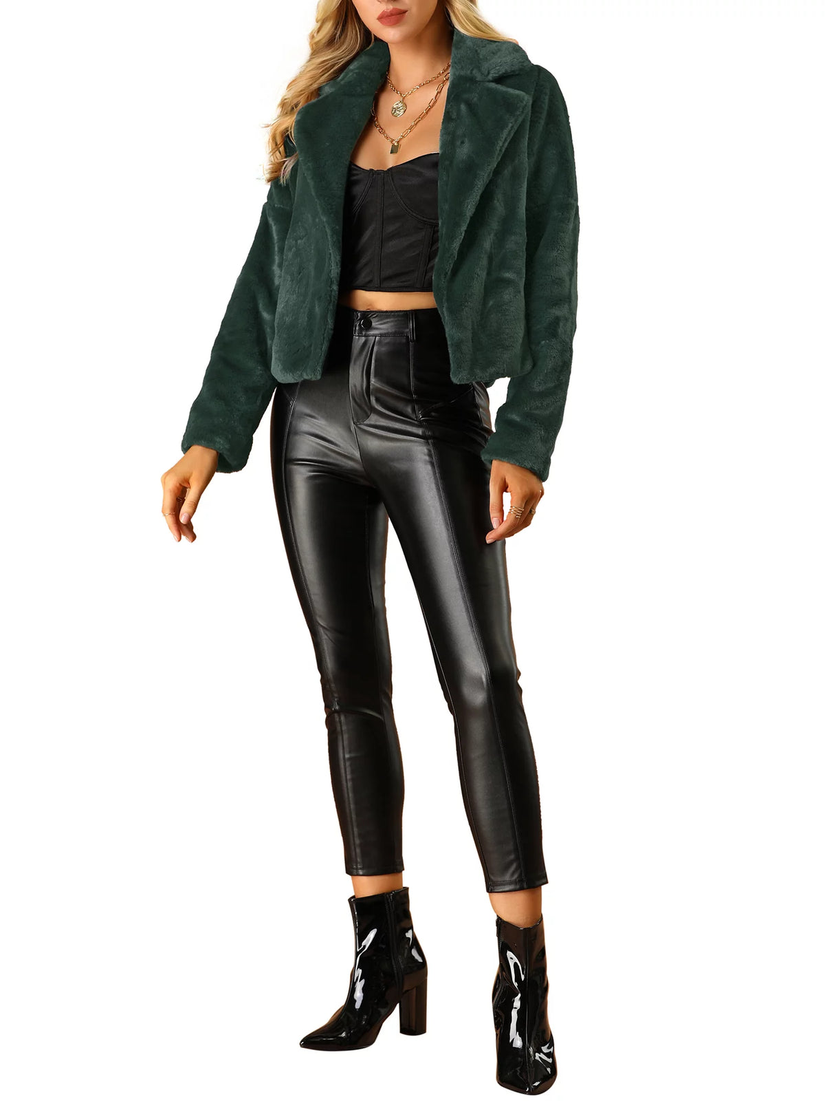 Loose Faux Fur Cropped Jacket Coat Dark Green X770225