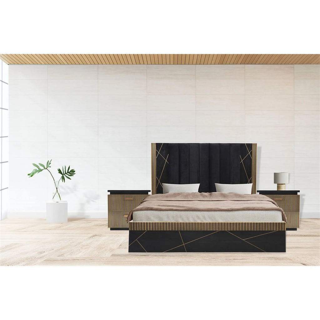 Queen Bed with Wood in Black/Gold M1354