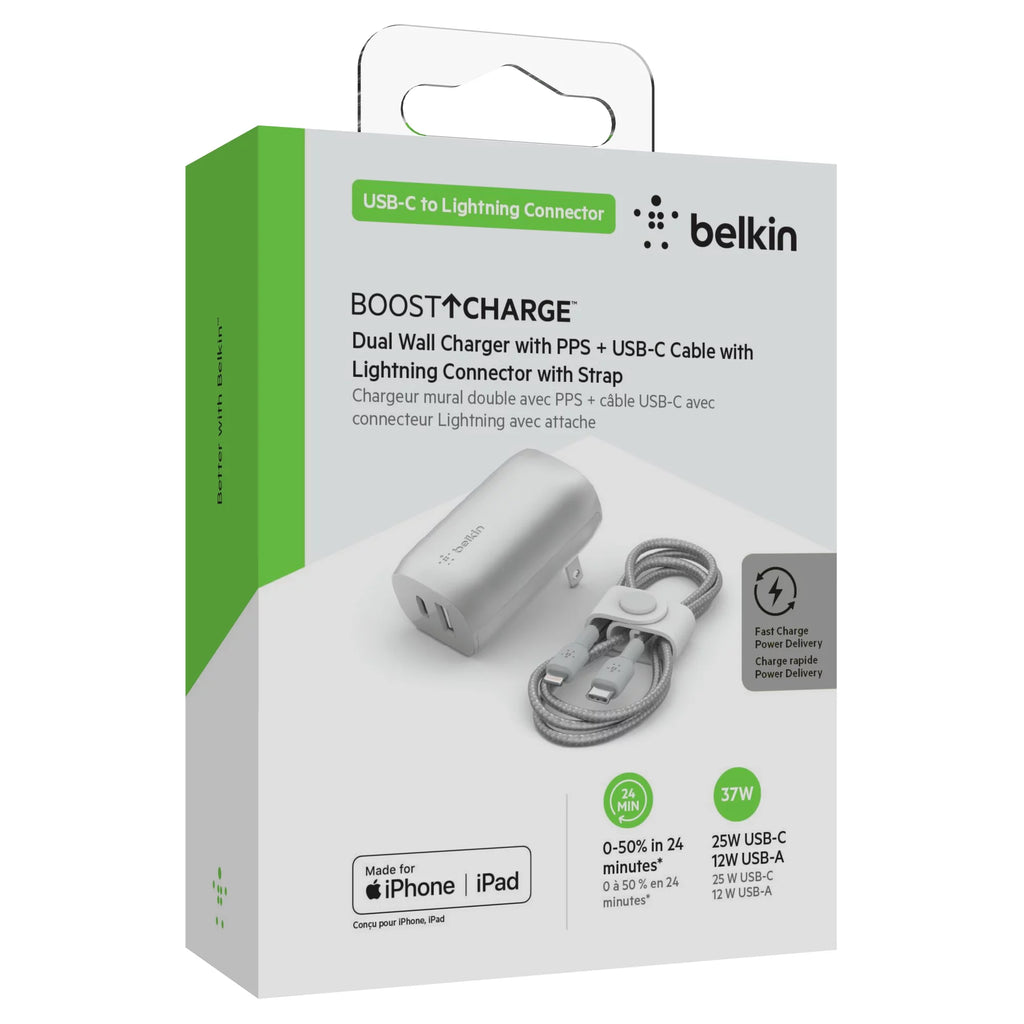 37W Dual Wall Charger USB-C to Lightning Cable Silver M184114