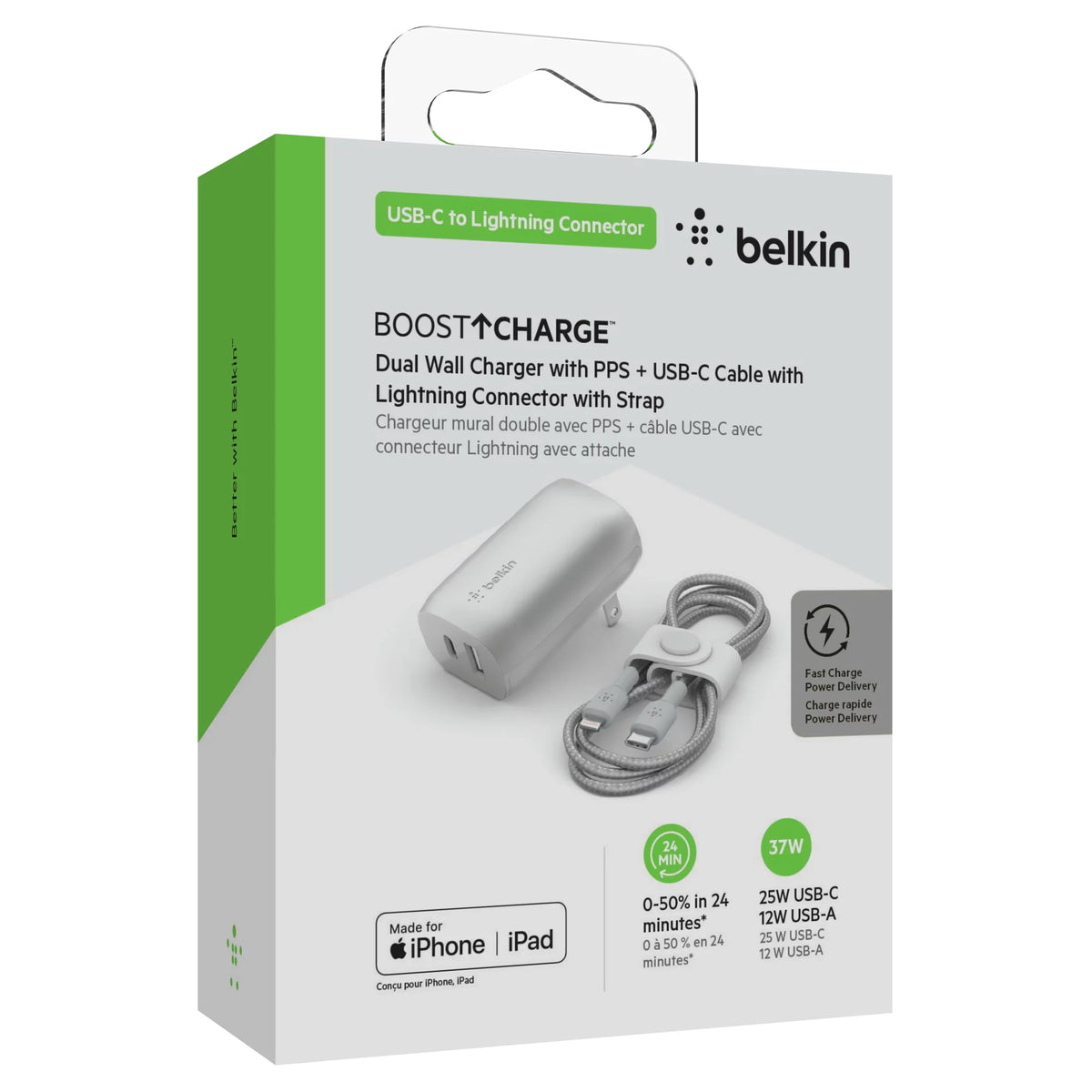 37W Dual Wall Charger USB-C to Lightning Cable Silver M184114