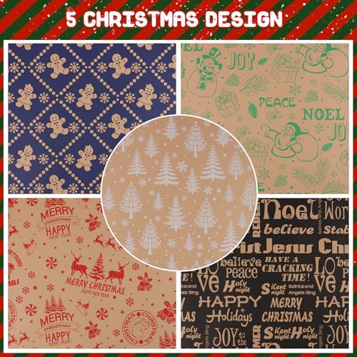 5 Rolls 17" x 120" Vintage Kraft Christmas Wrapping Paper Set H102947