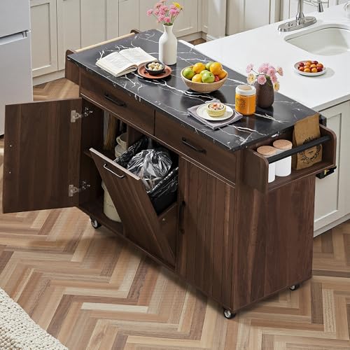 Kitchen Island Cart with Trash Can Storage, Drop Leaf, Drawers, Adjustable Shelves, Lockable Wheels M305280