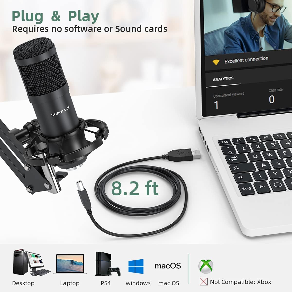 Professional Studio Cardioid Condenser Microphone Kit with Sound Card Boom Arm Shock Mount Pop Filter, Pack of 2 G9093
